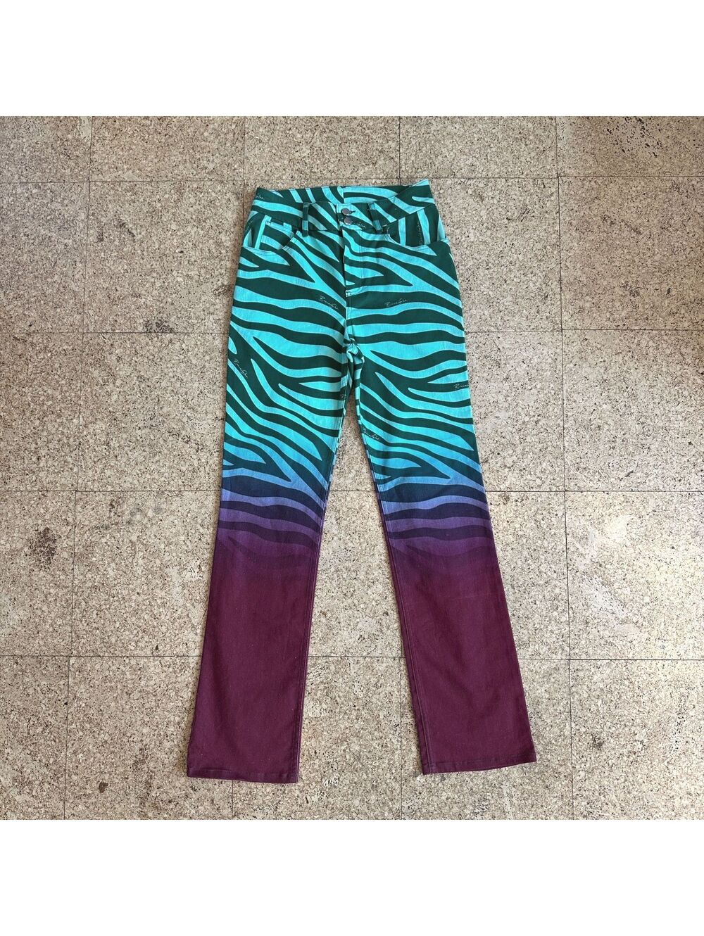 BruceGlen Ombre Zebra Jeans Sz 4 Green Burgundy High Rise Bootcut Stretch Flare